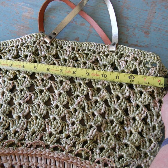 Gabriela Vlad GREEN/TAN WICKER STRAW BUCKET BAG SUMMER BOHO LEATHER TRIM - Picture 4 of 9